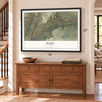 Bluff, Utah map, 24 x 36 inch print in a black frame above a dresser by a staircase