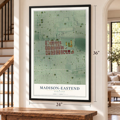 Madison-Eastend, Maryland map, 24 x 36 inch print in a black frame by a staircase