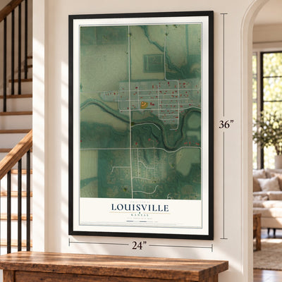 Louisville, Kansas map, 24 x 36 inch print in a black frame by a staircase