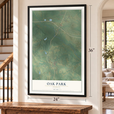 Oak Park, Georgia map, 24 x 36 inch print in a black frame by a staircase