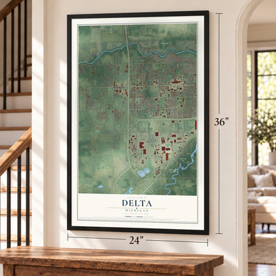 Delta, Michigan map, 24 x 36 inch print in a black frame by a staircase