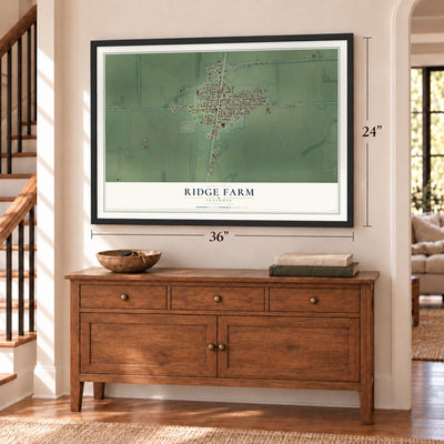 Ridge Farm, Illinois map, 24 x 36 inch print in a black frame above a dresser by a staircase