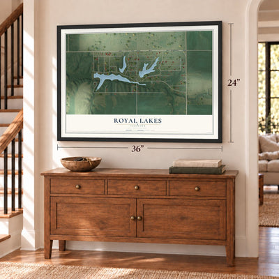 Royal Lakes, Illinois map, 24 x 36 inch print in a black frame above a dresser by a staircase
