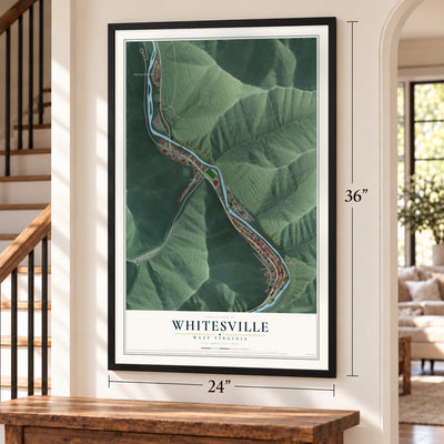 Whitesville, West Virginia map, 24 x 36 inch print in a black frame by a staircase