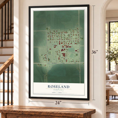 Roseland, Nebraska map, 24 x 36 inch print in a black frame by a staircase