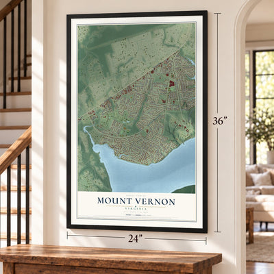 Mount Vernon, Virginia map, 24 x 36 inch print in a black frame by a staircase