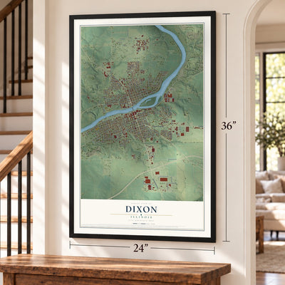 Dixon, Illinois map, 24 x 36 inch print in a black frame by a staircase