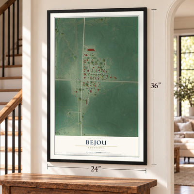 Bejou, Minnesota map, 24 x 36 inch print in a black frame by a staircase