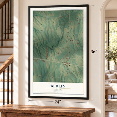 Berlin, Alabama map, 24 x 36 inch print in a black frame by a staircase