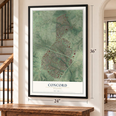 Concord, Missouri map, 24 x 36 inch print in a black frame by a staircase