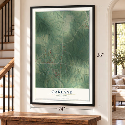 Oakland, Mississippi map, 24 x 36 inch print in a black frame by a staircase