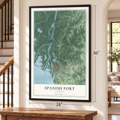 Spanish Fort, Alabama map, 24 x 36 inch print in a black frame by a staircase