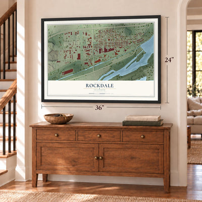 Rockdale, Illinois map, 24 x 36 inch print in a black frame above a dresser by a staircase