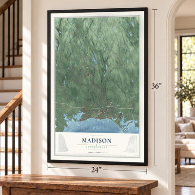 Madison, Connecticut map, 24 x 36 inch print in a black frame by a staircase