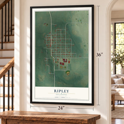 Ripley, Oklahoma map, 24 x 36 inch print in a black frame by a staircase