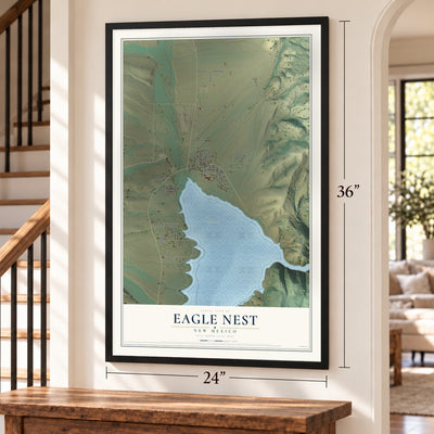 Eagle Nest, New Mexico map, 24 x 36 inch print in a black frame by a staircase