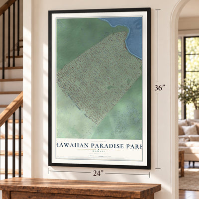 Hawaiian Paradise Park, Hawaii map, 24 x 36 inch print in a black frame by a staircase