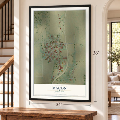 Macon, Illinois map, 24 x 36 inch print in a black frame by a staircase
