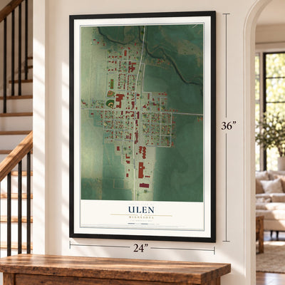Ulen, Minnesota map, 24 x 36 inch print in a black frame by a staircase