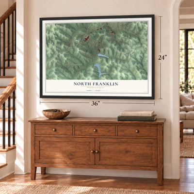 North Franklin, Pennsylvania map, 24 x 36 inch print in a black frame above a dresser by a staircase