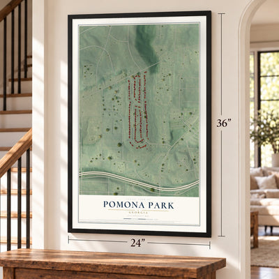 Pomona Park, Georgia map, 24 x 36 inch print in a black frame by a staircase