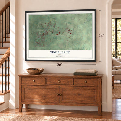 New Albany, Ohio map, 24 x 36 inch print in a black frame above a dresser by a staircase