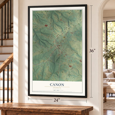Canon, Georgia map, 24 x 36 inch print in a black frame by a staircase