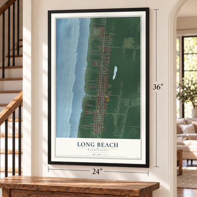 Long Beach, Washington map, 24 x 36 inch print in a black frame by a staircase