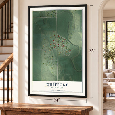 Westport, South Dakota map, 24 x 36 inch print in a black frame by a staircase
