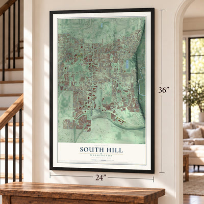 South Hill, Washington map, 24 x 36 inch print in a black frame by a staircase