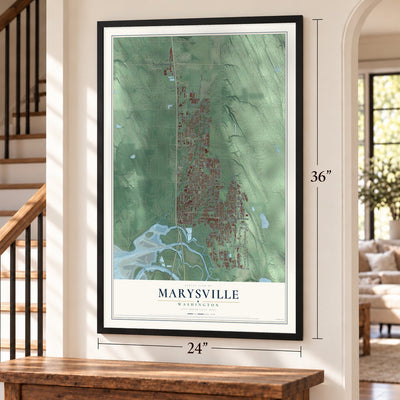 Marysville, Washington map, 24 x 36 inch print in a black frame by a staircase