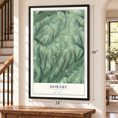 Hornby, New York map, 24 x 36 inch print in a black frame by a staircase