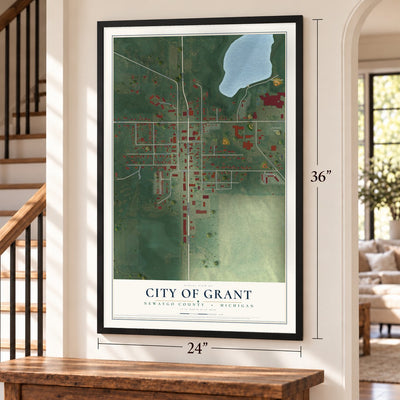 Grant, Michigan map, 24 x 36 inch print in a black frame by a staircase