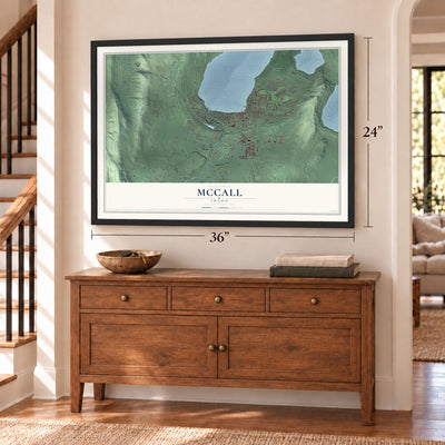 McCall, Idaho map, 24 x 36 inch print in a black frame above a dresser by a staircase