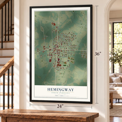 Hemingway, South Carolina map, 24 x 36 inch print in a black frame by a staircase