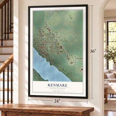 Kenmare, North Dakota map, 24 x 36 inch print in a black frame by a staircase