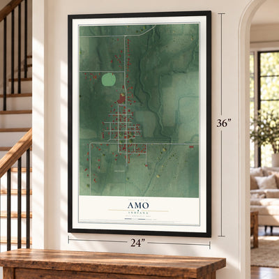 Amo, Indiana map, 24 x 36 inch print in a black frame by a staircase
