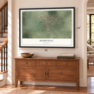 Rushville, Nebraska map, 24 x 36 inch print in a black frame above a dresser by a staircase