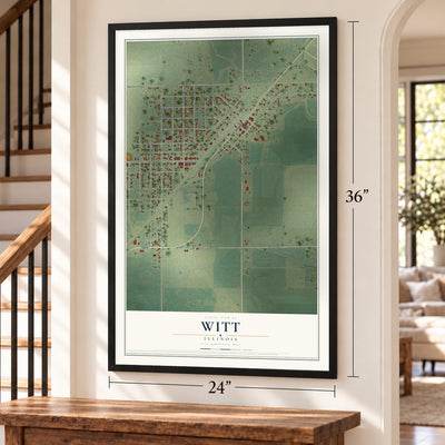 Witt, Illinois map, 24 x 36 inch print in a black frame by a staircase
