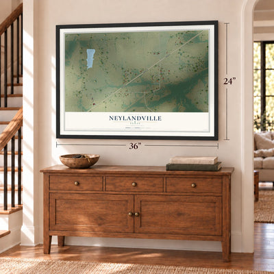 Neylandville, Texas map, 24 x 36 inch print in a black frame above a dresser by a staircase