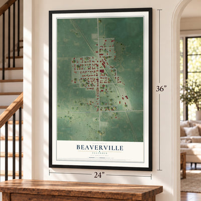 Beaverville, Illinois map, 24 x 36 inch print in a black frame by a staircase