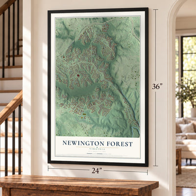 Newington Forest, Virginia map, 24 x 36 inch print in a black frame by a staircase