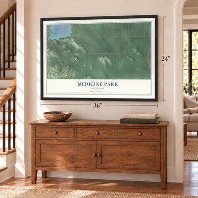 Medicine Park, Oklahoma map, 24 x 36 inch print in a black frame above a dresser by a staircase