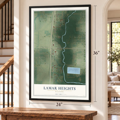 Lamar Heights, Missouri map, 24 x 36 inch print in a black frame by a staircase