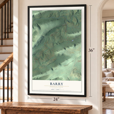 Barry, Pennsylvania map, 24 x 36 inch print in a black frame by a staircase