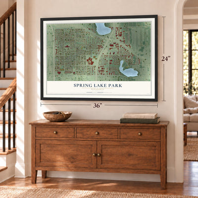 Spring Lake Park, Minnesota map, 24 x 36 inch print in a black frame above a dresser by a staircase