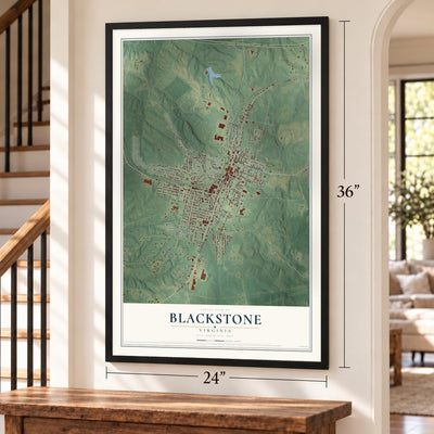 Blackstone, Virginia map, 24 x 36 inch print in a black frame by a staircase