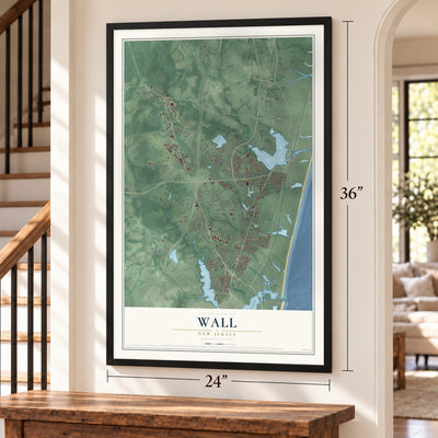 Wall, New Jersey map, 24 x 36 inch print in a black frame by a staircase