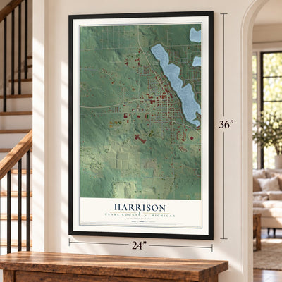 Harrison, Clare County, Michigan map, 24 x 36 inch print in a black frame by a staircase