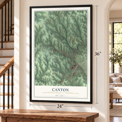 Canton, Washington County, Pennsylvania map, 24 x 36 inch print in a black frame by a staircase